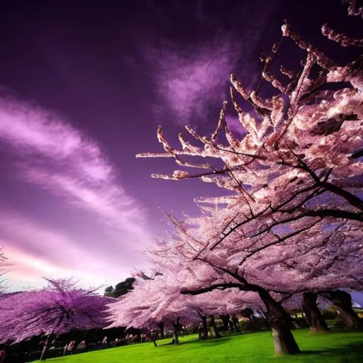 Prompt: cherry blossom trees purple sky