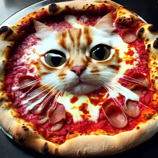 Prompt: pizza with a cat inside the crust