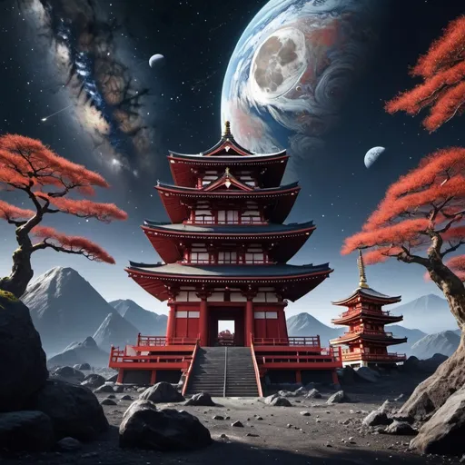 Prompt: japanese temple on an asteroid, space, stars, planet, owl constellation