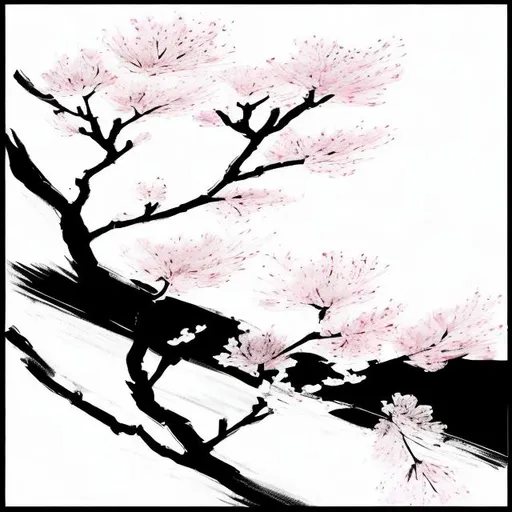 Prompt: single cherry blossom on a hill sunrise shadow black and white drawn