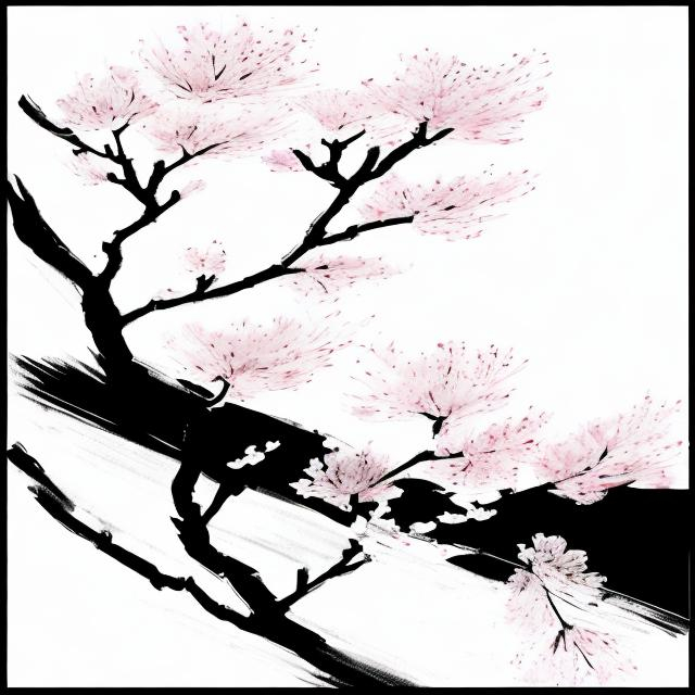 Prompt: single cherry blossom on a hill sunrise shadow black and white drawn