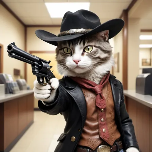 Prompt: cat with a revolver and cowboy hat robbing a bank, realistic