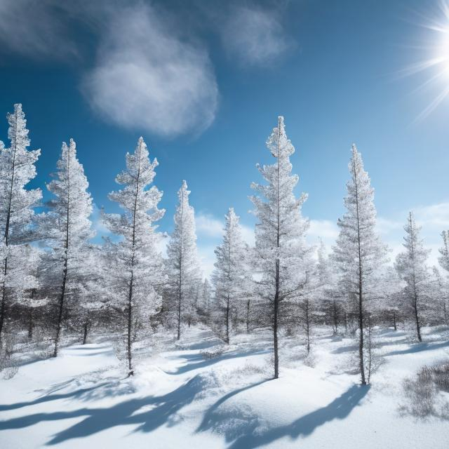 Prompt: blue snowy tundra. white sparse spruce trees