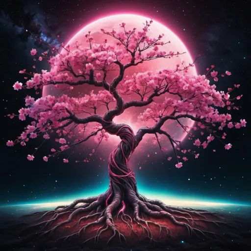 Prompt: A glowing neon cherry blossom tree, roots growing into space, eclipse behind, galaxy background