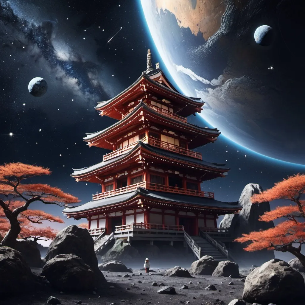 Prompt: japanese temple on an asteroid, space, stars, planet, owl constellation