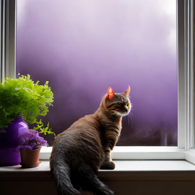 Prompt: purple mist being glared at by a tabby cat sitting on a windowsill 