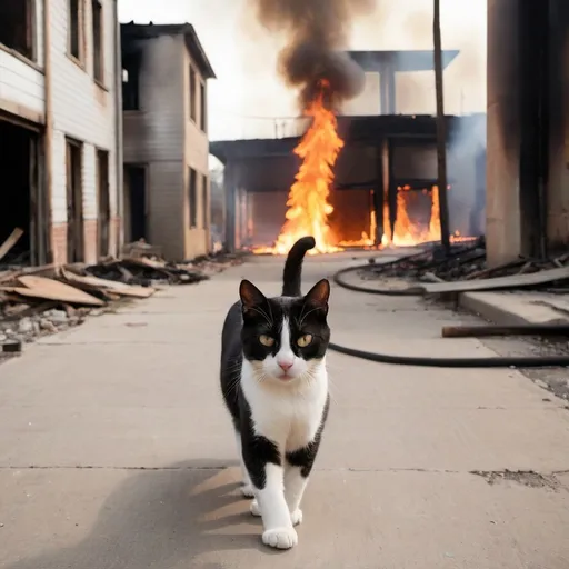 Prompt: cat walking towards camera away from burning building