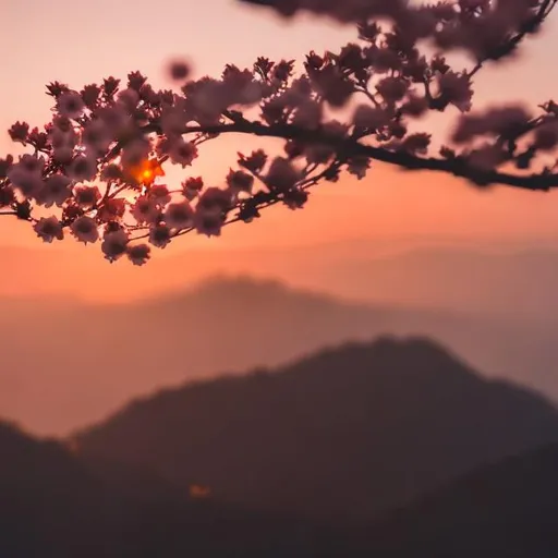 Prompt: single cherry blossom on a mountain sunrise silhouette 