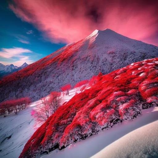 Prompt: crimson snow on mountain