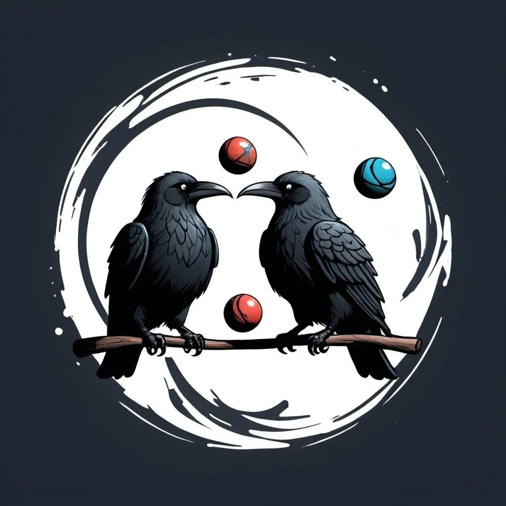 Prompt: a stylized logo sketch of hugin and munin playing with mindmarbles in a wild/free setting