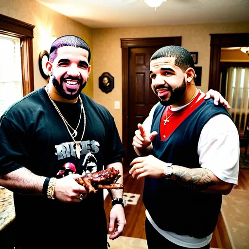 Prompt: midget drake the rapper and big drake meeting in his house for some ribs 