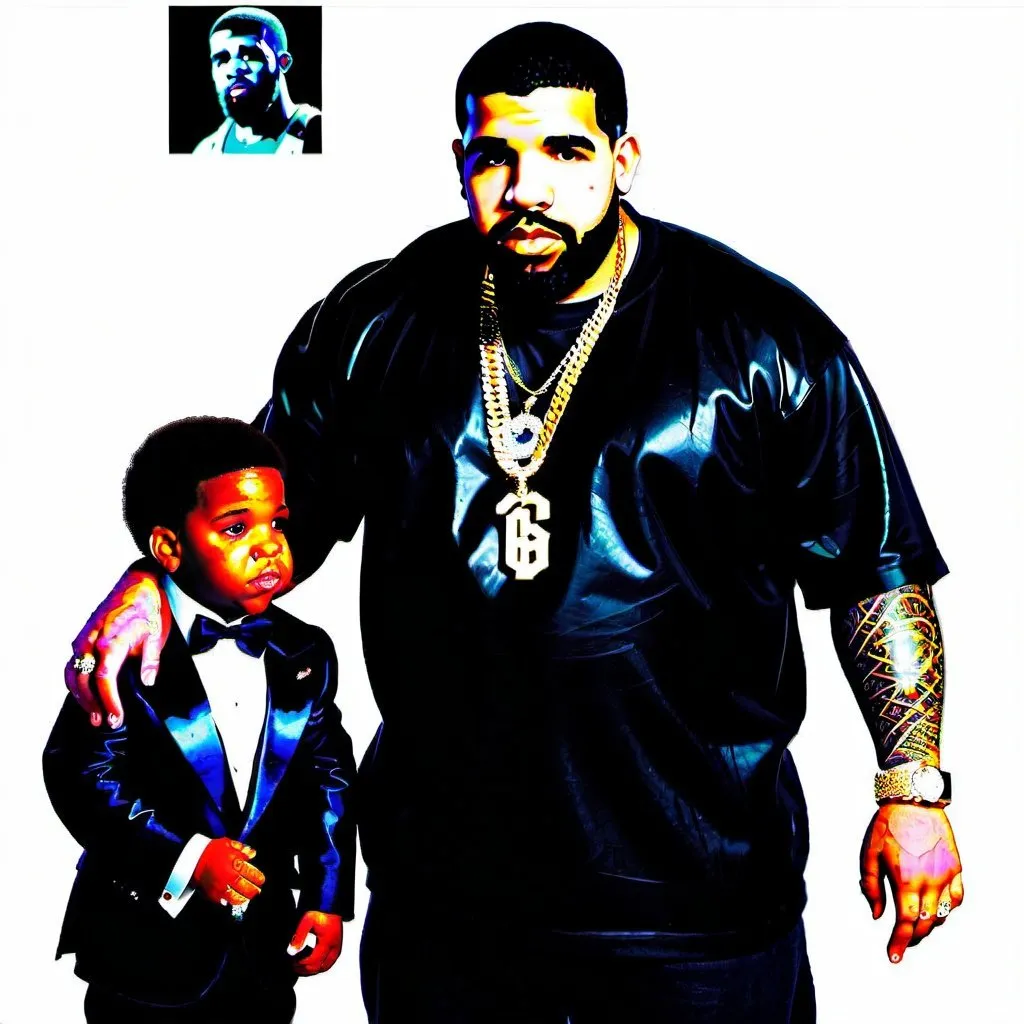 Prompt: drake the rapper if he was fat and born a midget next to rick ross