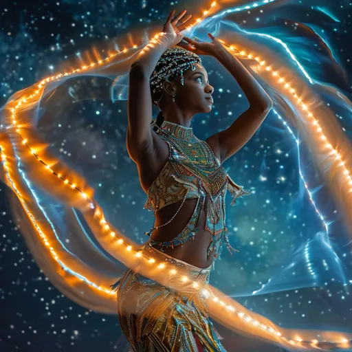 Prompt: Celestial Dancer: Capture the ethereal beauty of an african american dancer gracefully moving among the northern lights. Utilize long exposure techniques and creative lighting to emphasize the fluidity of the movements. Shot with a full-frame Canon EOS R6, using a 24-70mm lens at 50mm, f/2.8, and a remote trigger for precise timing. 