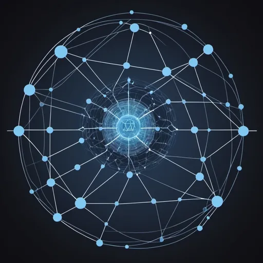 Prompt: interconnected nodes, lines, and pathways form AI letters