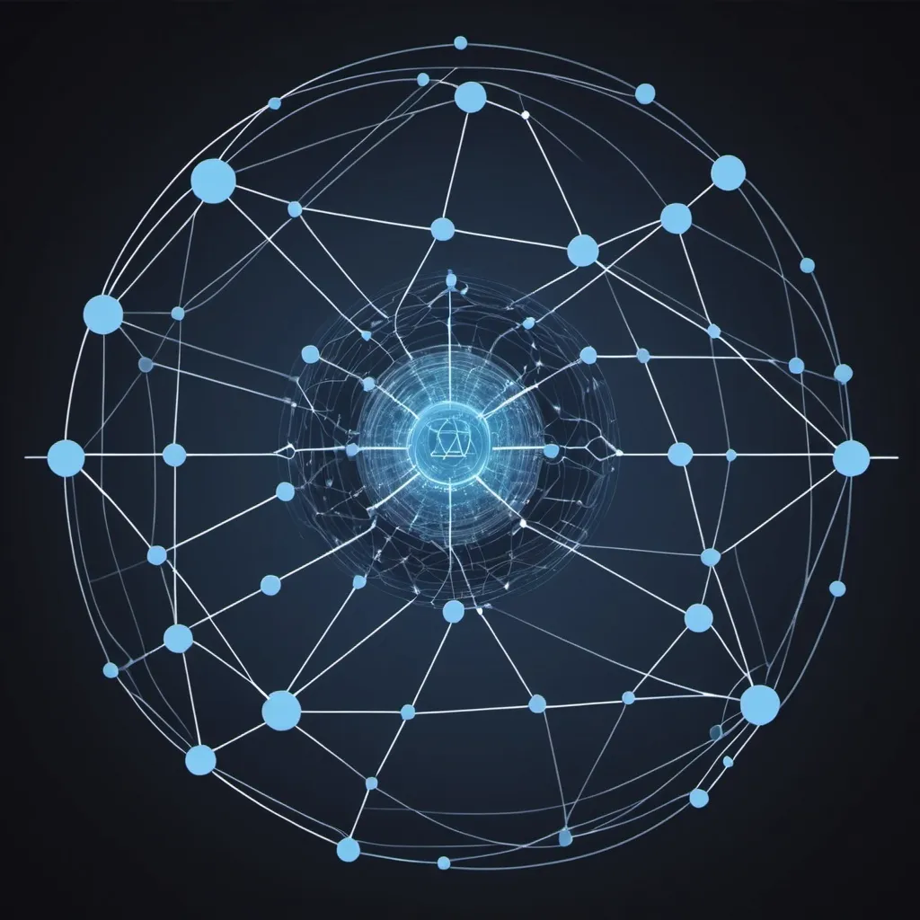 Prompt: interconnected nodes, lines, and pathways form AI letters