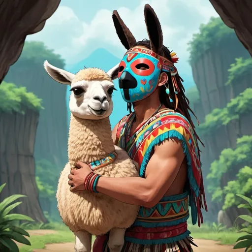 Prompt: A cute anime picture of a masked mayan tribesman hugging a very large llama named krabby