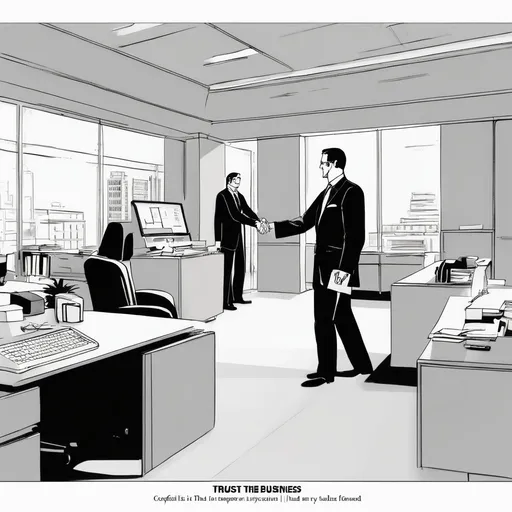 Prompt: Wide shot of a sleek modern office. Pierre Wayne, confident and sharp, shakes hands with a shady salesperson. The caption reads: “Trust is the foundation of any business. I learned that the hard way.”