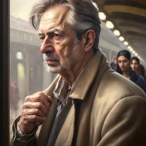 Prompt: Realistic portrait of a man, oil painting, lifelike details, high quality, classic art style, warm tones, natural lighting, realistic facial features, expressive eyes, fine brushwork, classic portrait, detailed hair, professional, realistic, lifelike, oil painting, classic art style, warm tones, natural lighting, expressive eyes in a railway station in Pakistan a train in background and many people around 