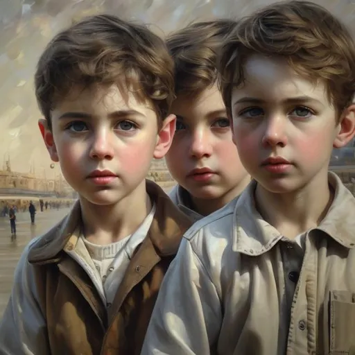 Prompt: Realistic portrait of a young boys, oil painting, lifelike details, high quality, classic art style, natural lighting, realistic facial features, expressive eyes, fine brushwork, classic portrait, detailed hair, professional, realistic, lifelike, oil painting, classic art style, warm tones, natural lighting, expressive eyes in a airport station in Pakistan a plane in background and many people around 