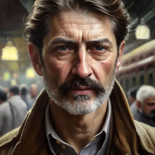 Prompt: Realistic portrait of a man, oil painting, lifelike details, high quality, classic art style, warm tones, natural lighting, realistic facial features, expressive eyes, fine brushwork, classic portrait, detailed hair, professional, realistic, lifelike, oil painting, classic art style, warm tones, natural lighting, expressive eyes in a railway station in Pakistan a train in background and many people around 