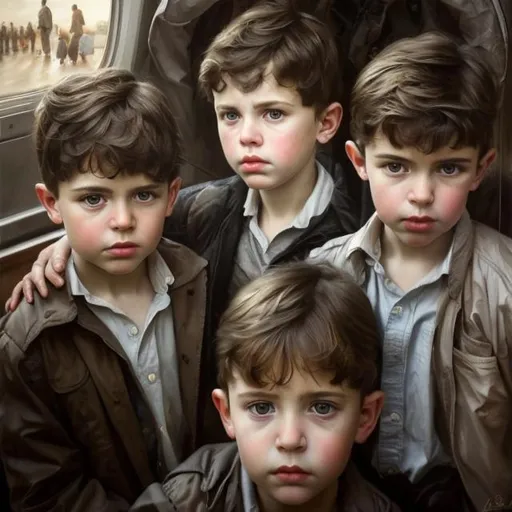 Prompt: Realistic portrait of a young boys, oil painting, lifelike details, high quality, classic art style, natural lighting, realistic facial features, expressive eyes, fine brushwork, classic portrait, detailed hair, professional, realistic, lifelike, oil painting, classic art style, warm tones, natural lighting, expressive eyes in a airport station in Pakistan a plane in background and many people around 