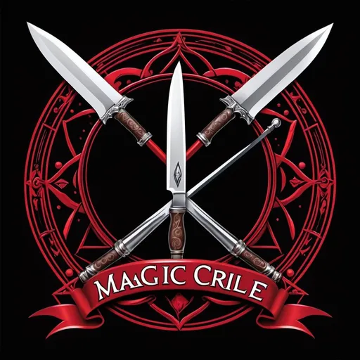 Prompt: Logo for hobby knife, magic circle, magical staff, along with red velvet add headphones to demonstrat it was for listening
