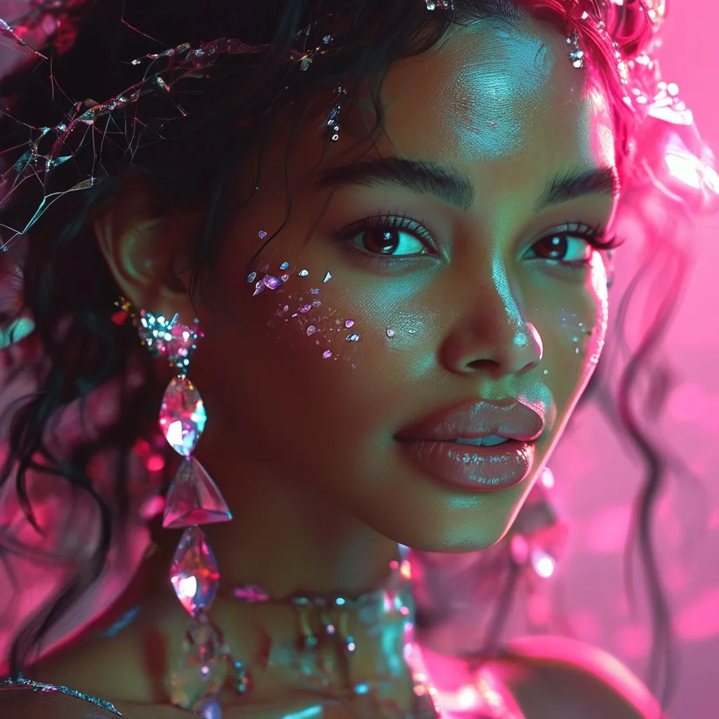 Prompt: Beautiful Caribbean woman dark fantasy. Pink glow behind her, smiling. Crystals for earrings.