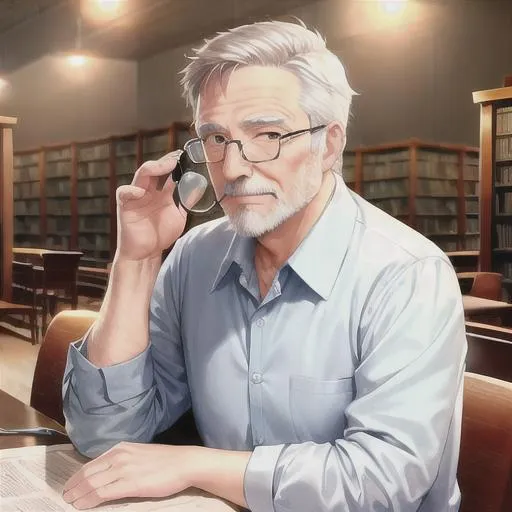 Prompt: old man work in a library, a few white hairs on the chin, , glasses, an old man's expression on his face, best quality, 