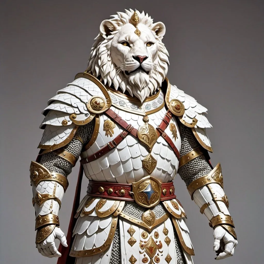 Prompt: Highly Detailed Tall and Handsome and Jolly Male Anthropomorphic White Leonin Fighter wearing Byzantine_Style_Scale_Armor