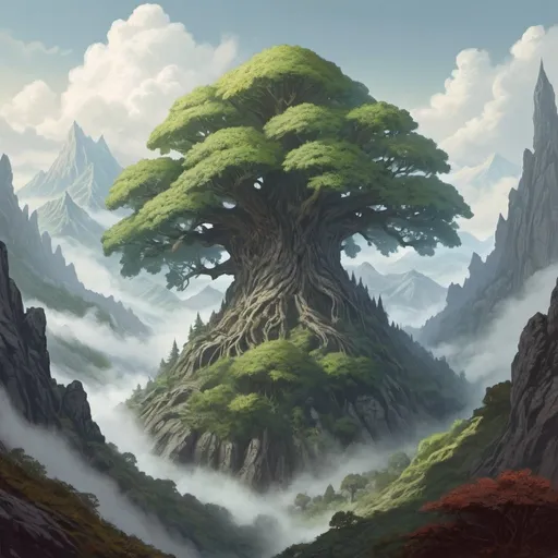 Prompt: fantasy world setting for dungeons and dragons, misty mountain with a large "world's Tree"
