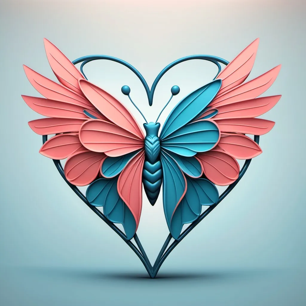 Prompt: oruga  del cual sale una linea que forma un corazon de aqui sale otra linea y forma una mariposa con las alas abiertas hacia arriba usando los colores azul, turqueza y rosa coral , sin ningun fondo solo la imagen , lo quiero tipo logotipo que represente la transformación de un capullo con amor conviertiendose en mariposa 
