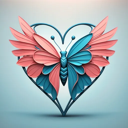 Prompt: oruga  del cual sale una linea que forma un corazon de aqui sale otra linea y forma una mariposa con las alas abiertas hacia arriba usando los colores azul, turqueza y rosa coral , sin ningun fondo solo la imagen , lo quiero tipo logotipo que represente la transformación de un capullo con amor conviertiendose en mariposa 
