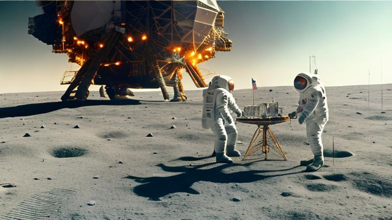 Prompt: Show a large movie set in 1968 which resembles the moon surface for Apollo 11 landing, and in this image we see the Apollo 11 lander, and two astronauts being directed by Stanley Kubrick, with a Panavision camera next to him, Kodachrome color grading 4K high resolution photojournalistic aesthetic vibe, hasselblad medium format quality… THE IMAGE MUST RESEMBLE THE MOON, AS WELL AS SHOWING THE SILHOUETTE OF KUBRICK AND THE DOZEN CREW MEMBERS AROUND HIM, manning the camera and holding the large boom microphone as the ASTRONAUTS walk in front of the LUNAR LANDER FROM APOLLO 11