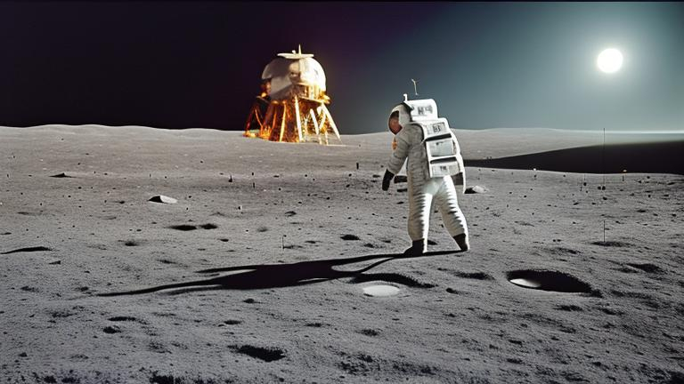 Prompt: Show a large movie set in 1968 which resembles the moon surface for Apollo 11 landing, and in this image we see the Apollo 11 lander, and two astronauts being directed by Stanley Kubrick, with a Panavision camera next to him, Kodachrome color grading 4K high resolution photojournalistic aesthetic vibe, hasselblad medium format quality 