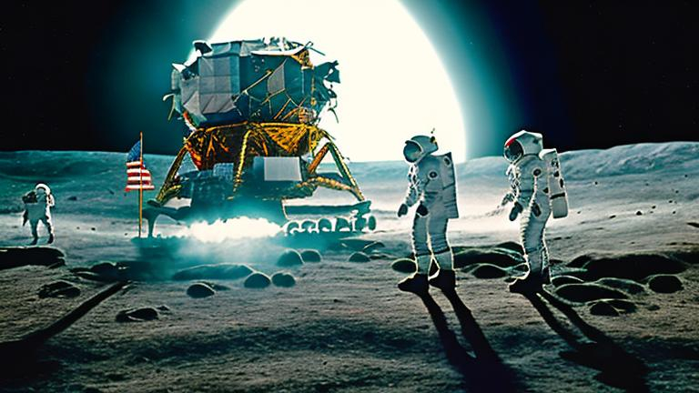 Prompt: Show a large movie set in 1968 which resembles the moon surface for Apollo 11 landing, and in this image we see the Apollo 11 lander, and two astronauts being directed by Stanley Kubrick, with a Panavision camera next to him, Kodachrome color grading 4K high resolution photojournalistic aesthetic vibe, hasselblad medium format quality 