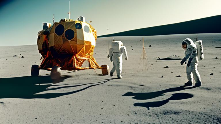 Prompt: Show a large movie set in 1968 which resembles the moon surface for Apollo 11 landing, and in this image we see the Apollo 11 lander, and two astronauts being directed by Stanley Kubrick, with a Panavision camera next to him, Kodachrome color grading 4K high resolution photojournalistic aesthetic vibe, hasselblad medium format quality 