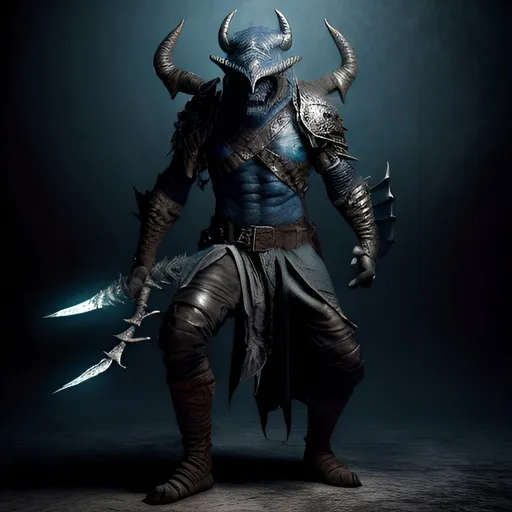 Prompt: Detailed black Dragonborn ranger with curved horns, wielding trident & shield, medieval fantasy, high quality, full body, heroic, intense lighting, detailed scales, dynamic pose, rugged leather armor, glowing blue eyes, epic fantasy, medieval, warrior, intense colors, dramatic lighting