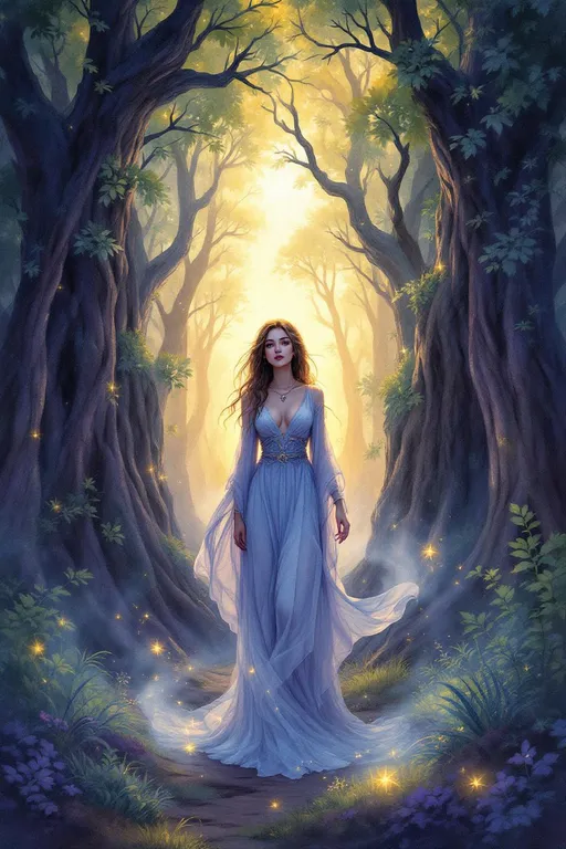 Prompt: In a mystical forest drenched in twilight hues, El stands gracefully amidst towering, ancient trees, their leaves adorned with sparkling dewdrops that catch the fading light. Her ethereal presence is illuminated by soft glimmers that dance around her, suggesting a connection to magic. Dressed in flowing garments that ripple like water under a gentle breeze, she gazes pensively into the distance, her expression a mix of wisdom and longing. The atmosphere is thick with rich purples and deep blues, accentuated by streaks of golden light breaking through the canopy overhead. Wisps of fog curl around her feet, enhancing the enigmatic mood of this enchanted world. The scene is best captured in a dreamy watercolor illustration style, emphasizing the enchanting elements that make El a captivating figure in this serene twilight realm.