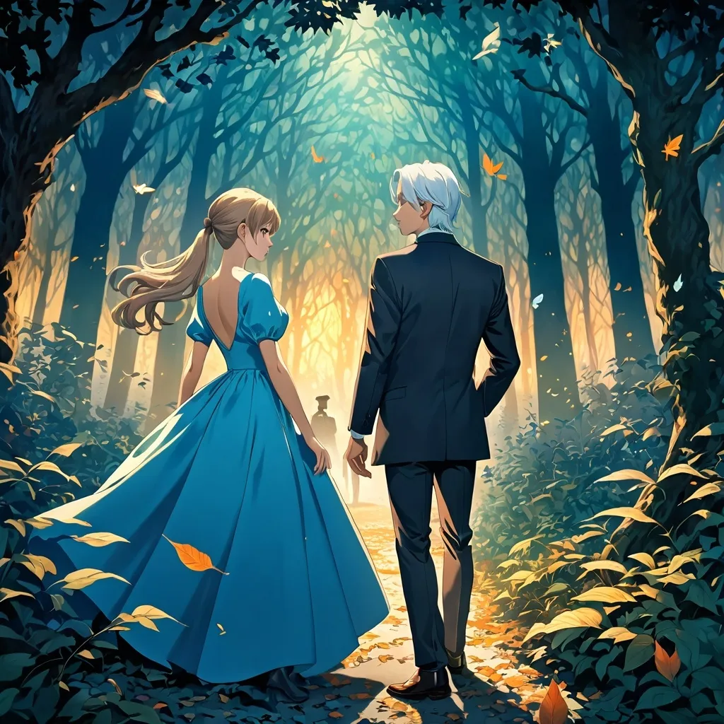 Prompt: anime man with light brown hair in a ponytail, wearing a suit, meets a witch with white hair and a blue dress, outside, forest, evening