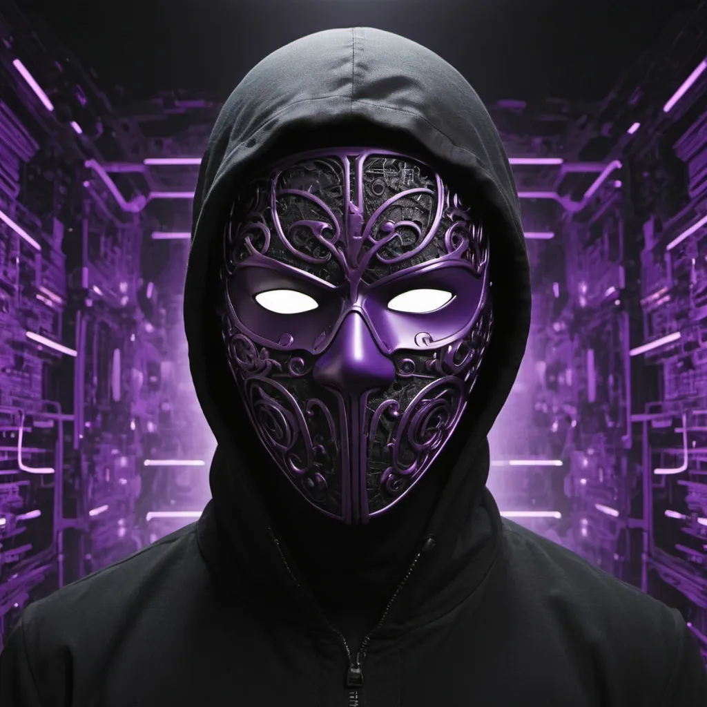 Prompt: He was wearing a black war and a purple mask.He travels through the electronic world 