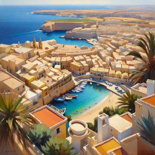 Prompt: Aerial view of Malta, photorealistic, extremely detailed painting by Greg Rutkowski by Steve Henderson
