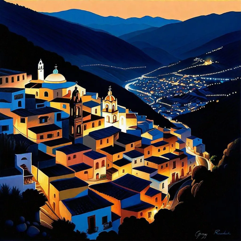 Prompt: Taxco at night, Taxco streets, mountains in the background, dark blue sky, moon, realistic, extremely detailed painting by Greg Rutkowski by Steve Henderson 