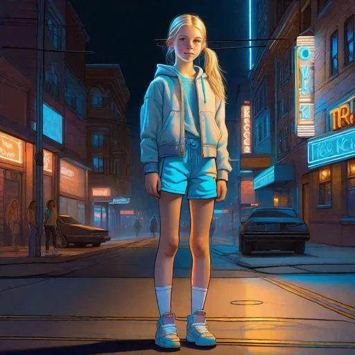 Prompt: A full body portrait of a 13 years old Russian-American girl, pale skin, freckles, blonde hair, pigtails, icy blue eyes, street clothes, shorts, night, downtown streets, neon signs, sketch, drawing, concept art, extremely detailed by Greg Rutkowski.