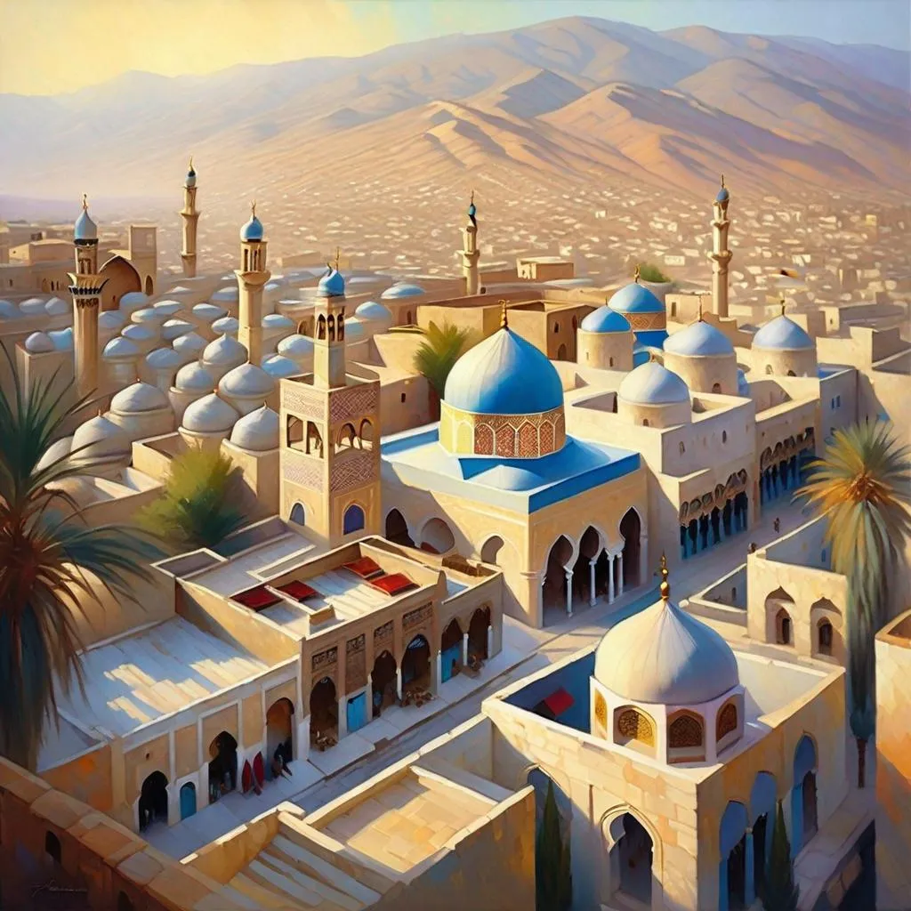 Prompt: Aerial view of Old Damascus, photorealistic, extremely detailed painting by Greg Rutkowski by Steve Henderson