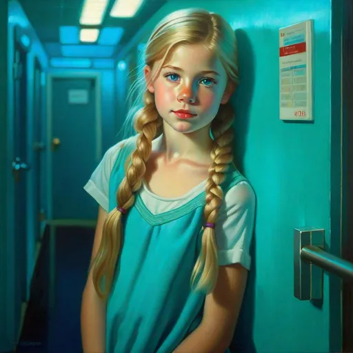 Prompt: A 13 years old Russian-American girl, pale skin, freckles, blonde hair, pigtails, blue eyes, cold weather, night, hospital corridor, turquoise-ish atmosphere, full body portrait, photorealistic, extremely detailed painting by Greg Rutkowski by Steve Henderson
