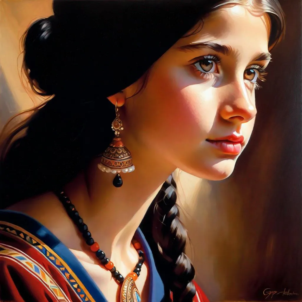 Prompt: A 13 years old Maltese girl, pale skin, freckles, black hair, pigtails, brown eyes, traditional Maltese dress, Valletta, photorealistic, extremely detailed painting by Greg Rutkowski by Steve Henderson