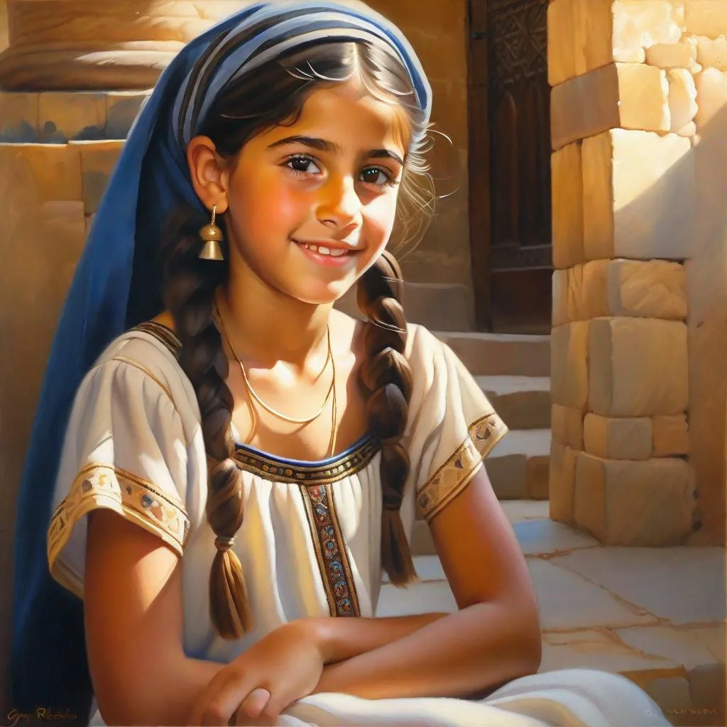 Prompt: A 13 years old Mizrahi Jewish girl, olive skin, freckles, black hair, pigtails, brown eyes, traditional Mizrahi dress, Old Jerusalem, photorealistic, extremely detailed painting by Greg Rutkowski by Steve Henderson