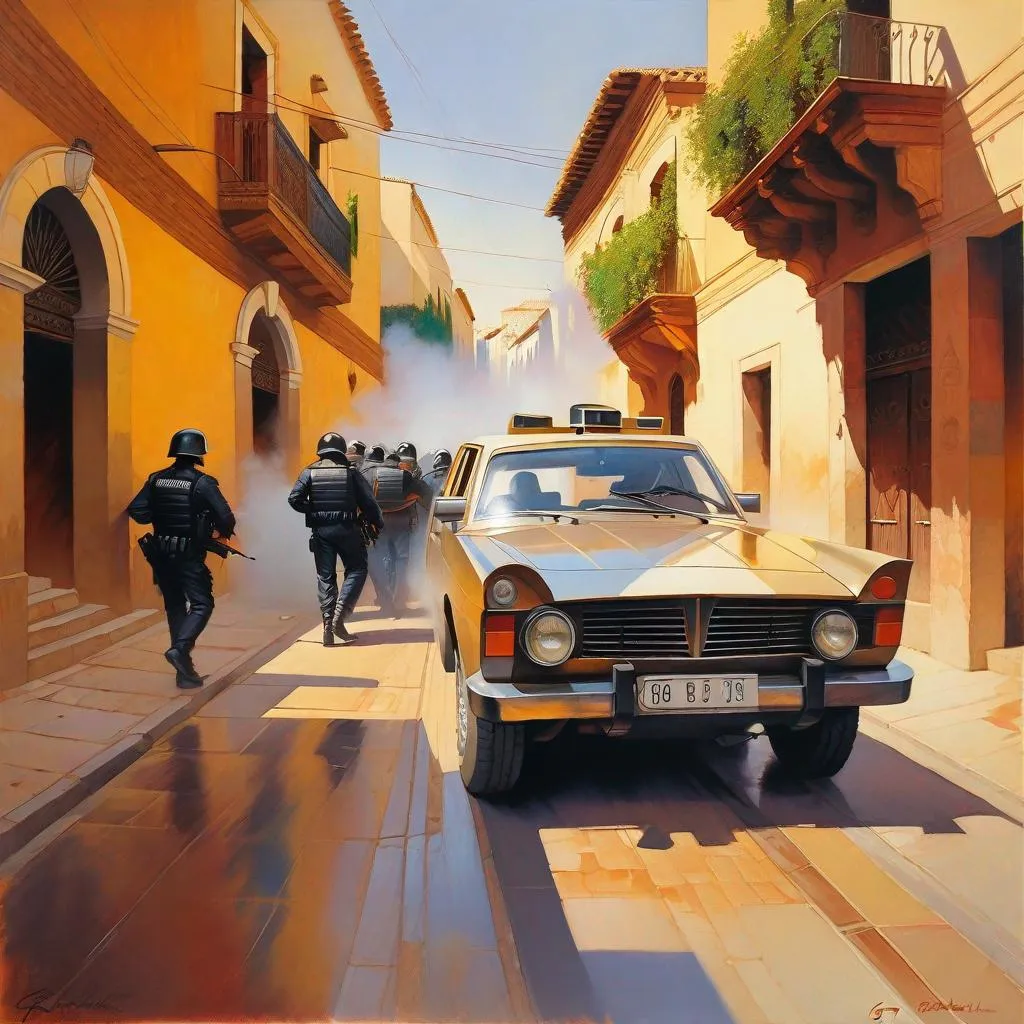 Prompt: Riots in streets, Cordoba, armored cars, molotovs, historical center, 80's, 80's film filter, photorealistic, extremely detailed painting by Greg Rutkowski by Steve Henderson