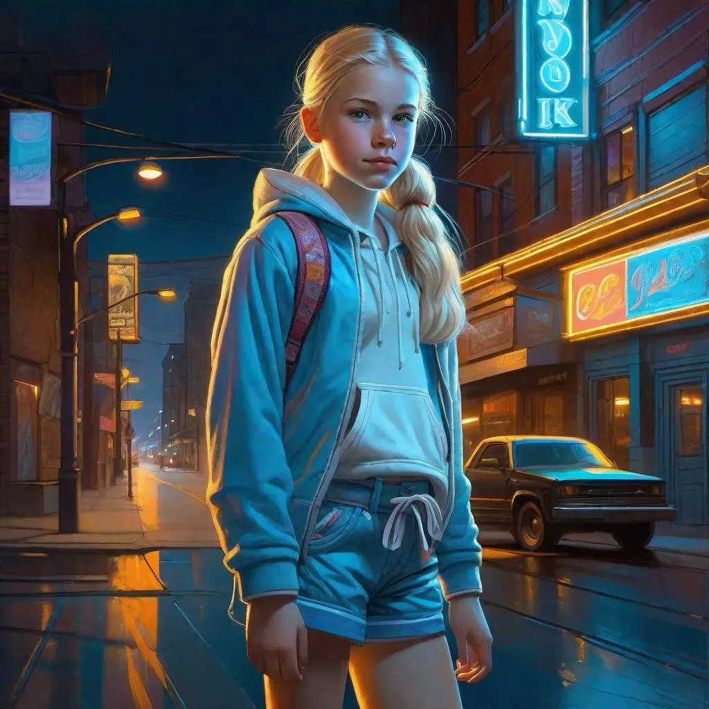 Prompt: A full body portrait of a 13 years old Russian-American girl, pale skin, freckles, blonde hair, pigtails, icy blue eyes, street clothes, shorts, night, downtown streets, neon signs, sketch, drawing, concept art, extremely detailed by Greg Rutkowski.