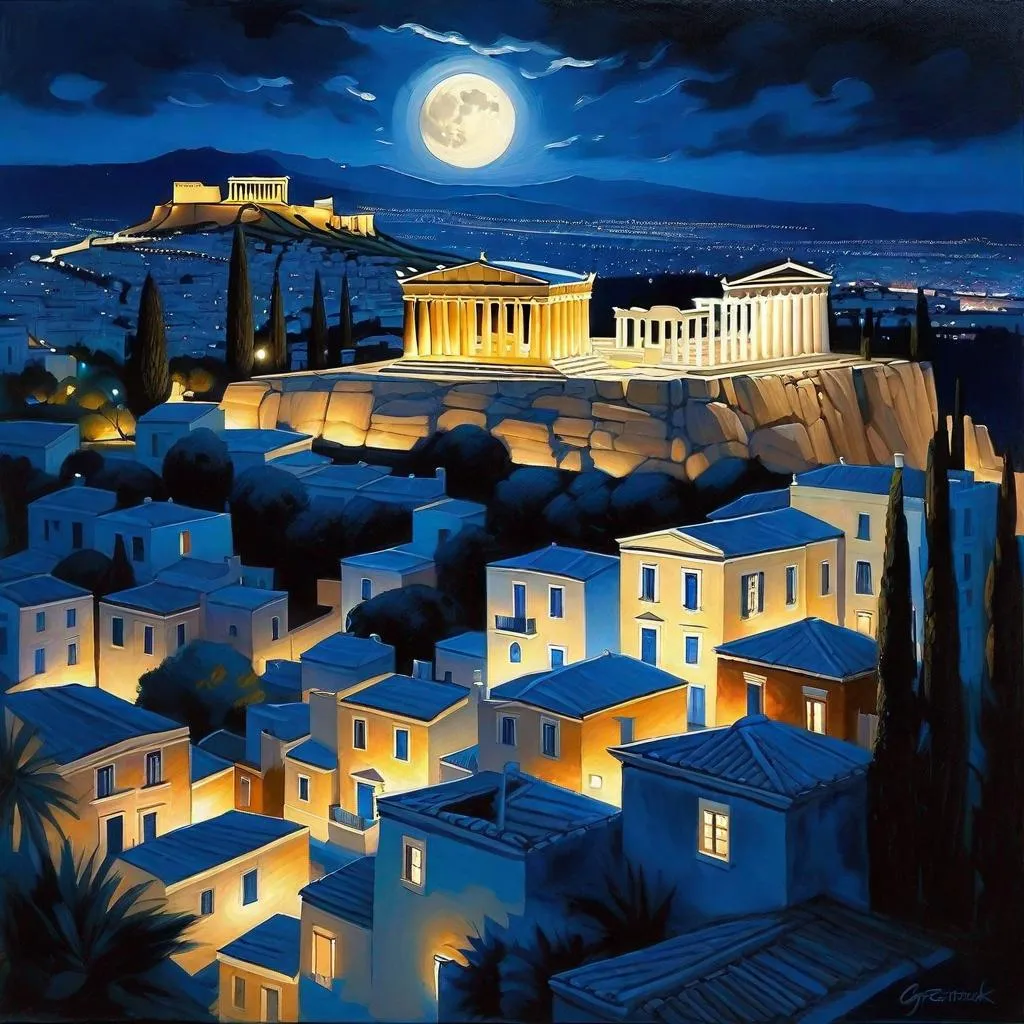 Prompt: Athens at night, Acropolis, Old Athens streets, dark blue sky, moon, realistic, extremely detailed painting by Greg Rutkowski by Steve Henderson 